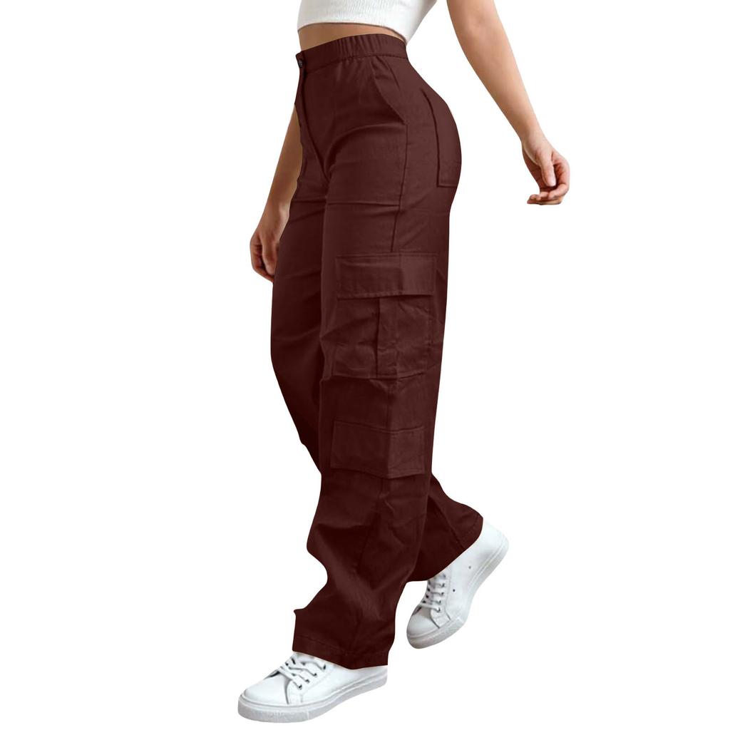 Womens Elastic High Waisted Cargo Pants Stretch Casual Wide Leg Streetwear Parachute Hiking Pants With Pockets