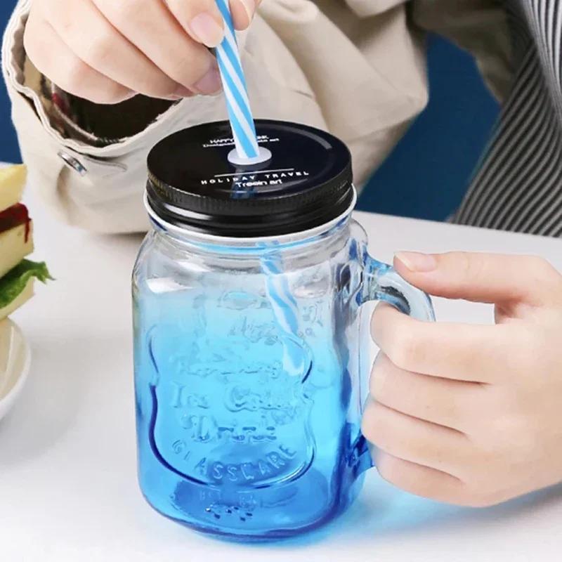 500ml pahare de sticlă gradient, pahar Mason cu mâner pentru băuturi reci, pahar de apă transparent din sticlă cu pai și capac, vase pentru băuturi cu lapte și cafea