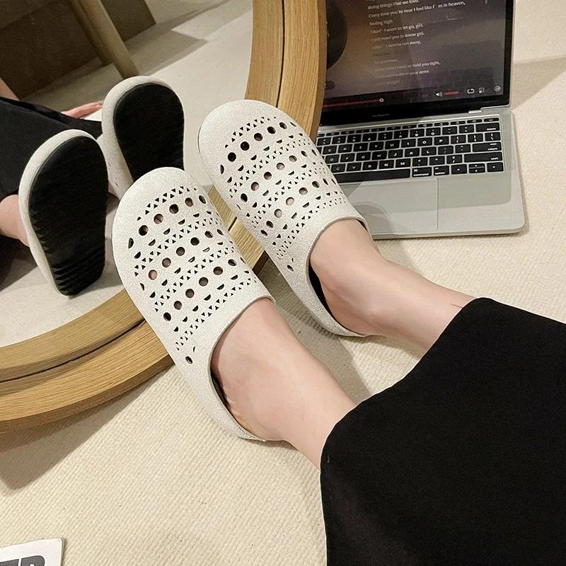 Fashion Baotou Hollow Out Fretwork Suede Leather Solid Concise Half Slippers Women Round Toe Pull on Muller Beach Shoes Females