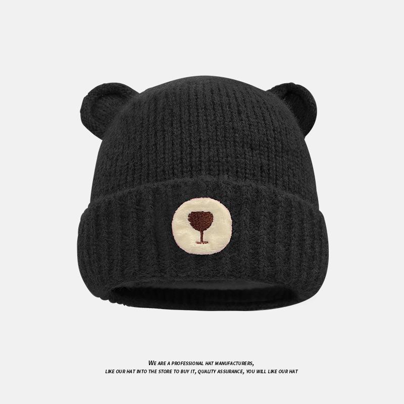 Autumn and Winter Commuting Warm Knitted Hat for Women Cute Bear Ear Protection Pullover Hat Outdoor Windproof and Coldproof Woolen Hat Trendy