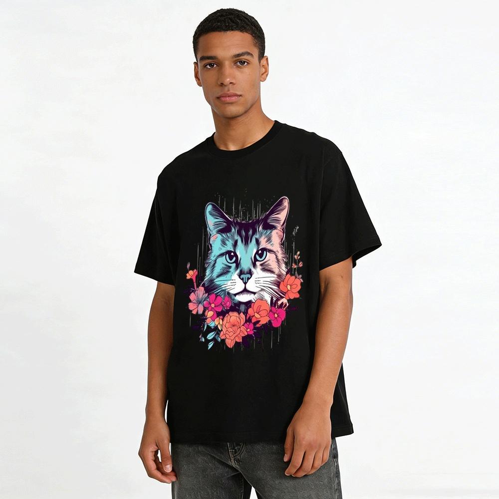 Floral Cat Print Casual T-Shirt For Women Pure Cotton T-shirt
