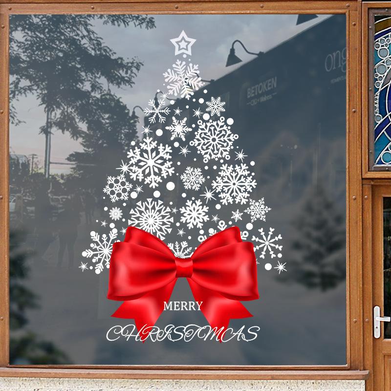 Large Christmas Window Sticker with Red Bow and Snowflakes, Holiday Party Decoration Atmosphere Arrangement Home Decoration
