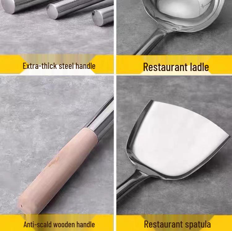 Chef's Long Spatula & Spoon - Wooden Handle, Stainless Steel, Ideal for Stir-Fry & Soup, Thickened for Durability, Perfect Kitchen Tool