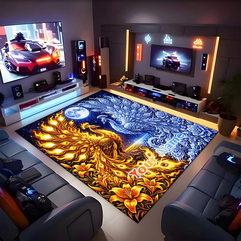 1PC Custom Name Golden Phoenix Blue Peacock Theme Floor Mat Ideal for Living Room, Game Rooms, Office, Bedroom,Floor Mat Playful Design