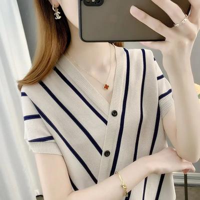 Summer Ice Silk Short-sleeved T-shirt for Women Korean New Loose Slanted Striped Bat Sleeve V-neck Thin Knitted Sweater
