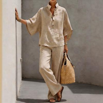 Cross-border European and American Independent Station Linen Two-piece Set, Stand-up Collar Loose and Thin Top + Wide-leg Pants