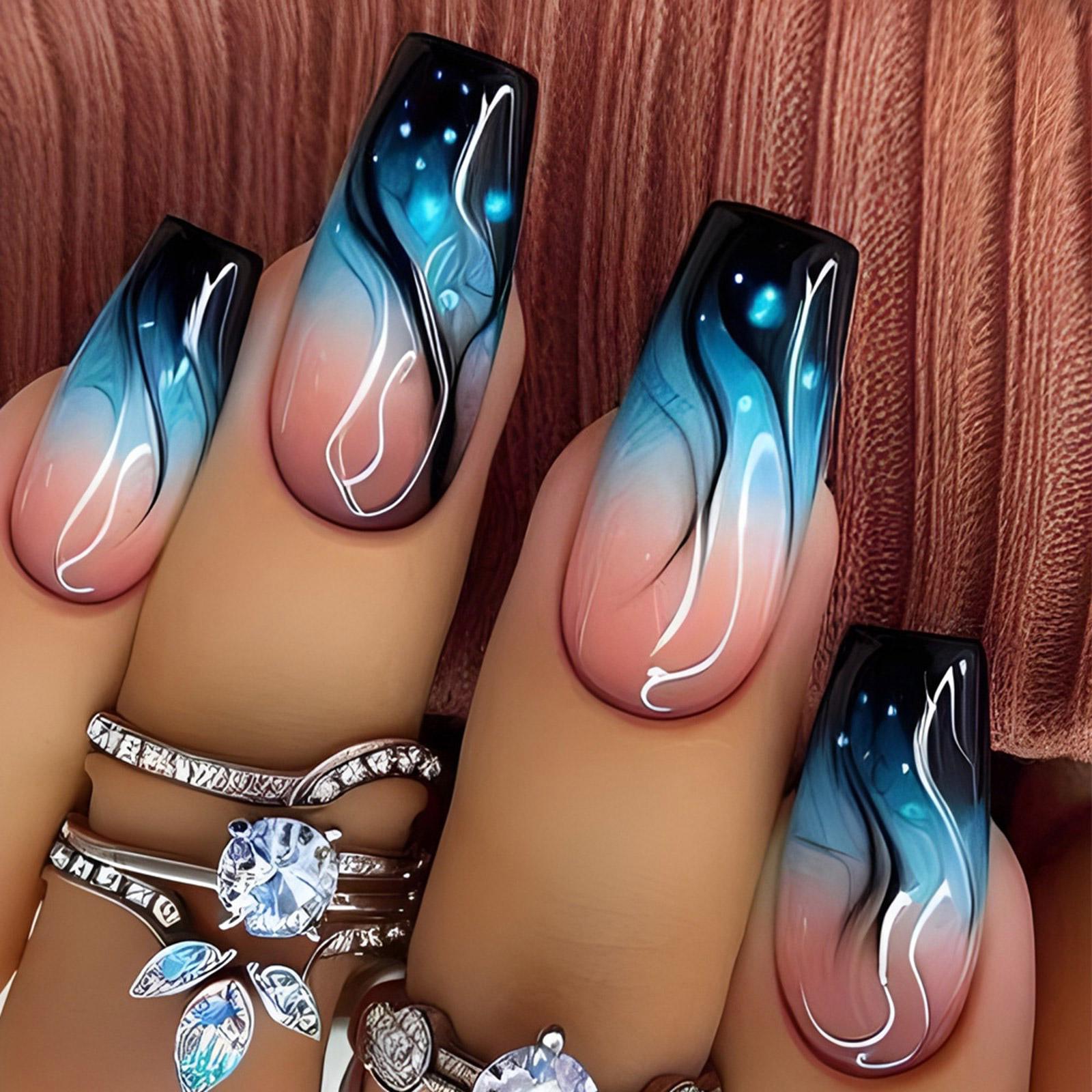 

24 шт. Длинные балерины накладные ногти синий градиент пламя акриловые ногти глянцевые полное покрытие наклейки для ногтей