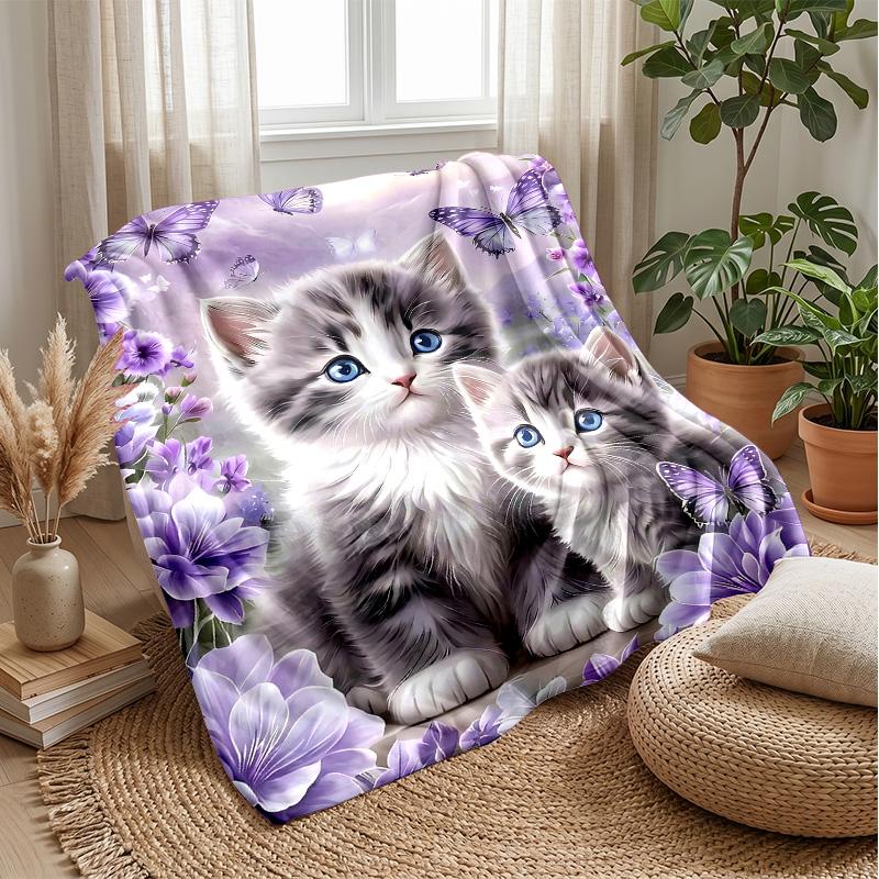 Kittens and Butterflies Theme blanket Lightweight Warm Flannel Blanket Decorative Throw Blanket for Home Decoration