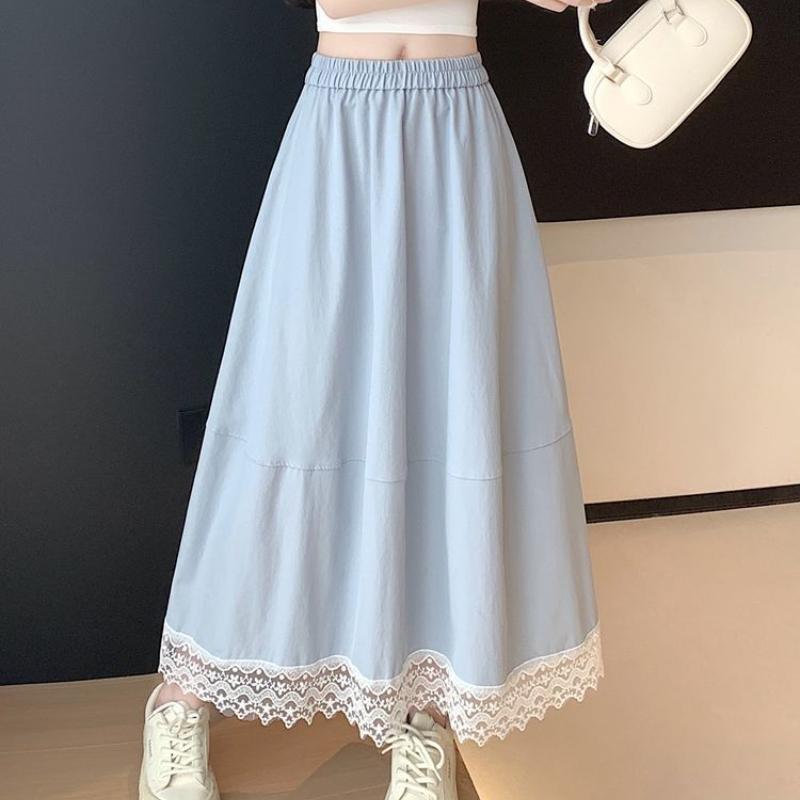 Women's Vintage Lace Trim High-Waist A-Line Midi Skirt - Summer Korean Bohemian Flared Umbrella Silhouette with Artistic Flair