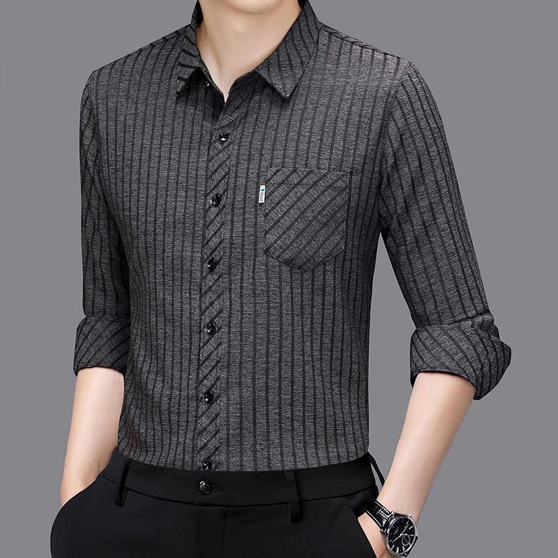 Smooth Anti-pilling Mulberry Silk Men's Long-sleeved Shirt Spring and Autumn New Striped Shirt No Ironing