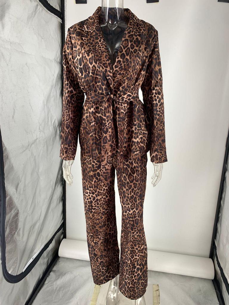 European & American Leopard Print Lapel Suit Jacket with High Waist Wide-Leg Pants Two-Piece Set