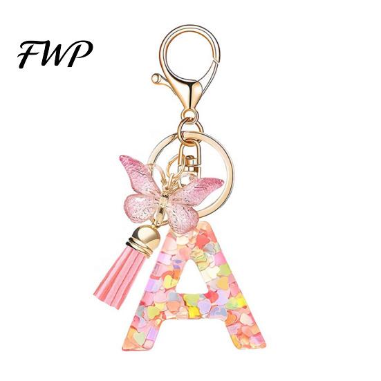 Initial Letter Charm Keychain Pink Series Pendant, Sequins Heart Key Chain with Holder Pendant Butterfly Tassel Design, A-Z for Bag Purse Backpack