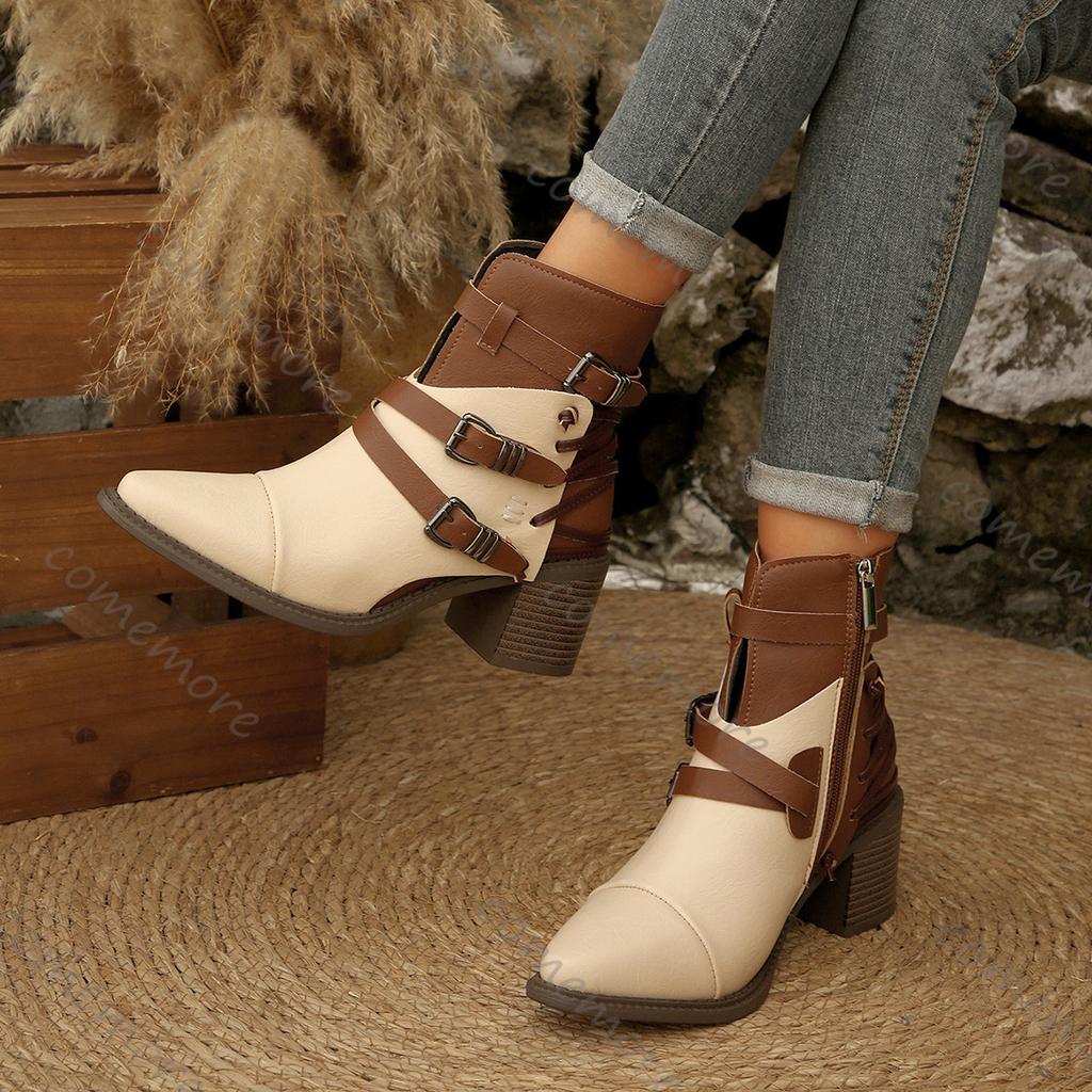 Fashion Comemore Vintage Belt Buckle Short Fashion Boots Women Chunky Heel Side Zipper Women's Shoes Gladiator Knight Botines Femininos