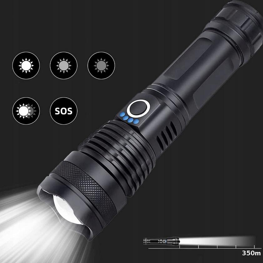 LED tactical flashlight, rechargeable, powerful, survival, forest, as a gift