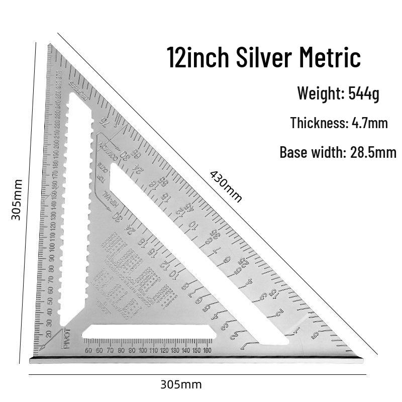 7/12" Aluminum Triangle Ruler: Woodworking, Imperial/Metric, Black Oxide, 90°/45° Right Angles.