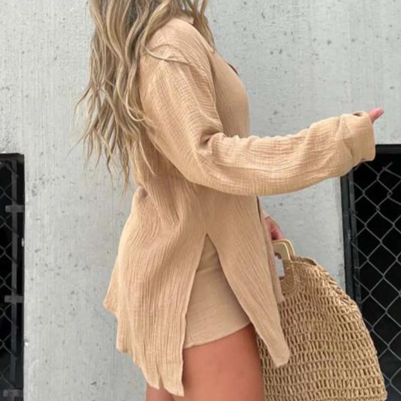 Women's Wrinkled Fabric Long Sleeve Shirt High Waist Shorts Fashion Casual Two Piece Set