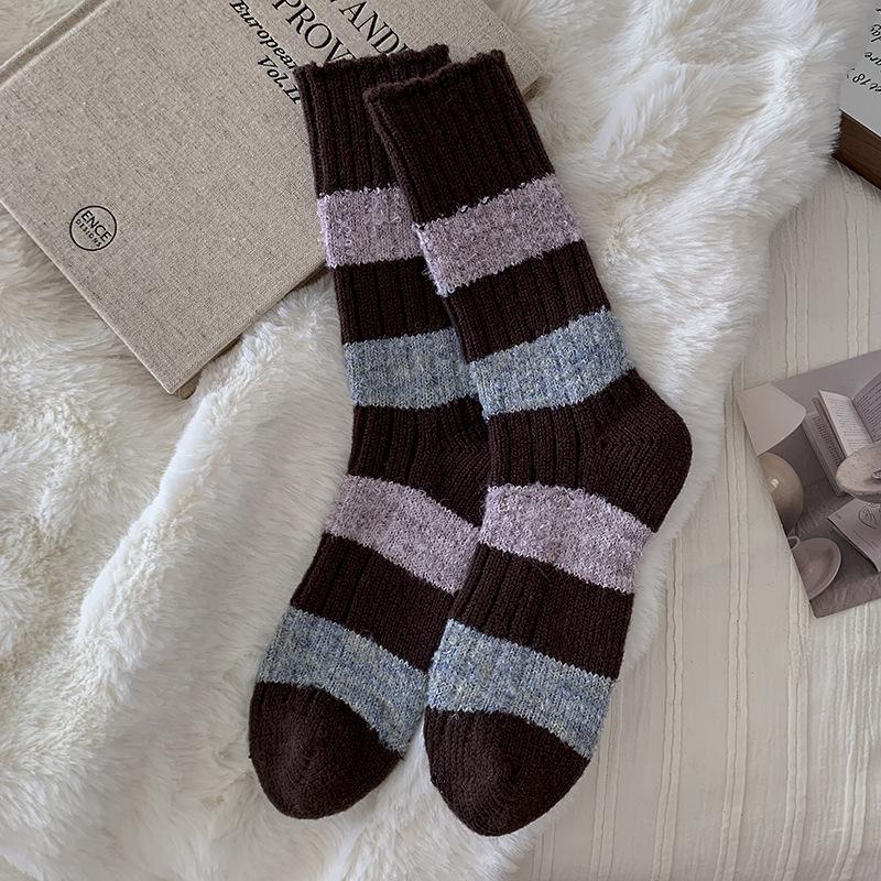 Contrasting Wool Socks Children'S Stacking Socks Seasonal Fleece Thickened Warm Color Matching Flocking Striped Cashmere Medium Tube Socks
