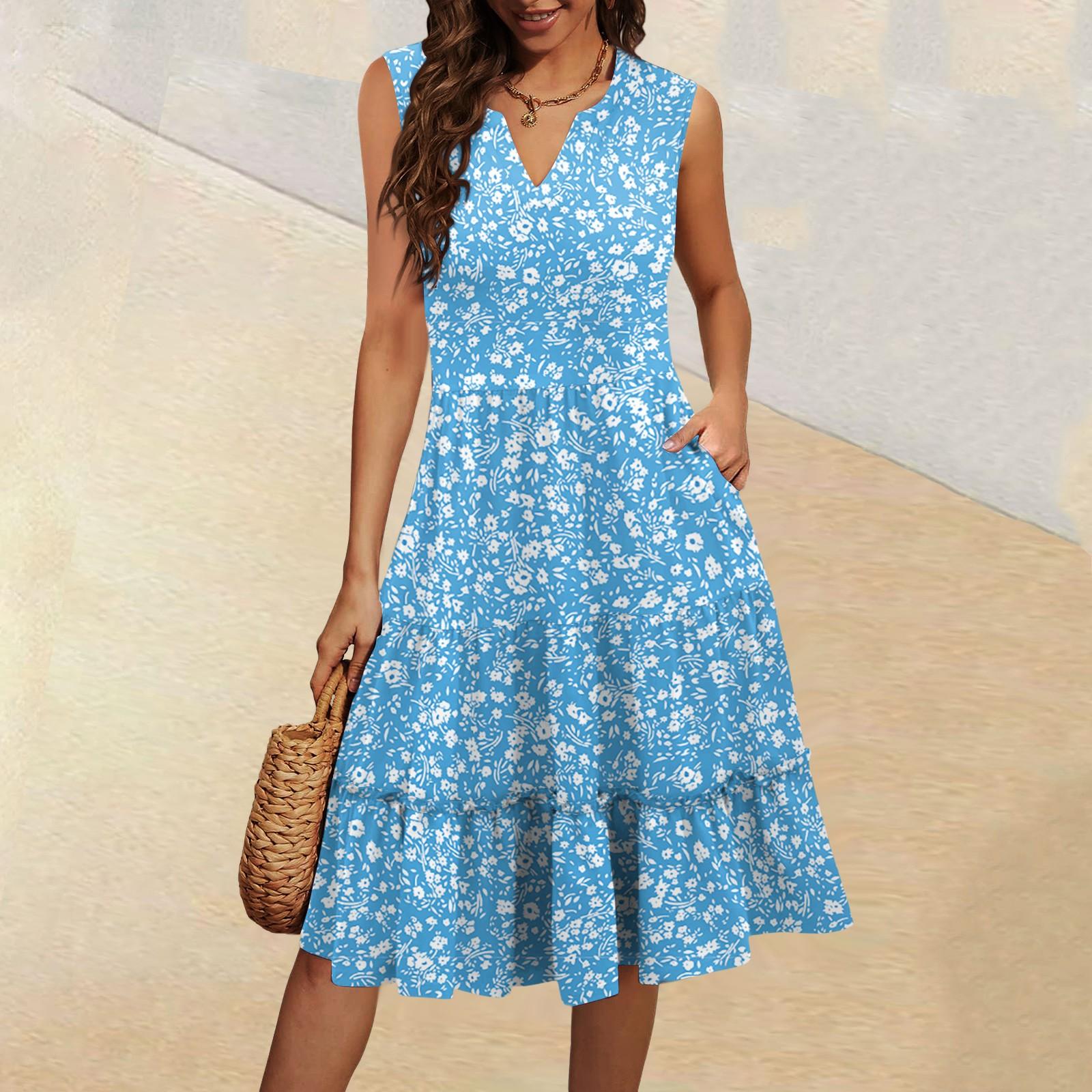 

Женские летние повседневные платья без рукавов с V-образным вырезом и плиссированными оборками в винтажном стиле с цветочным принтом M синий