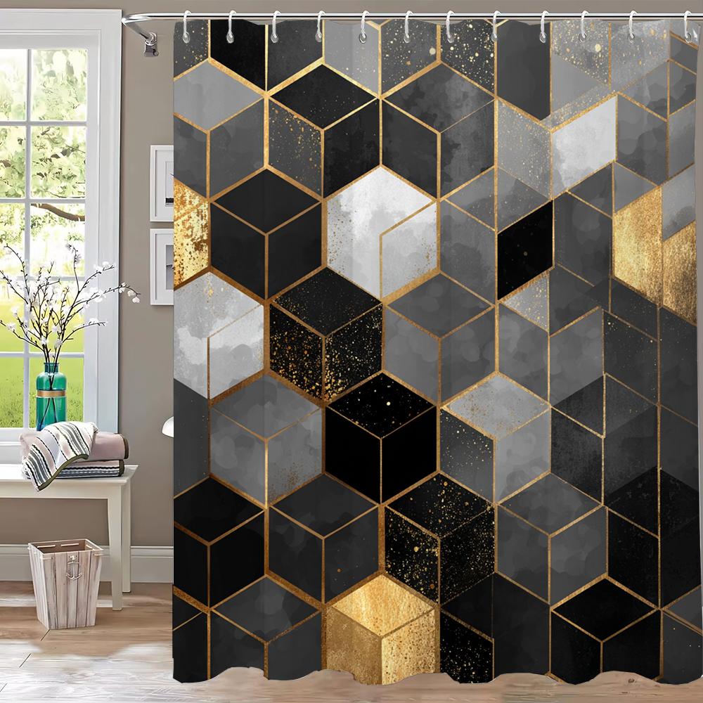 1Pc Black And Gold Geometric Print Shower Curtain Partition Privacy Hanging Curtain With 12 Hooks Multiple Size Machine Washable