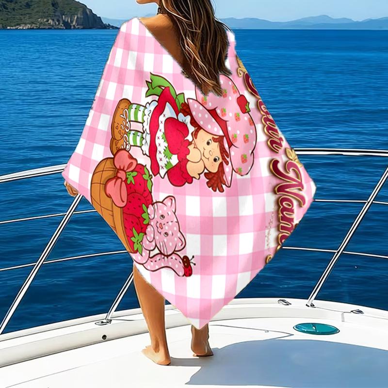 1pc Princess Strawberry Beach Towel with Custom Name, Beach and Seaside Swimming Pool Equipment, Fashion Pattern, Rectangular, Travel Essential