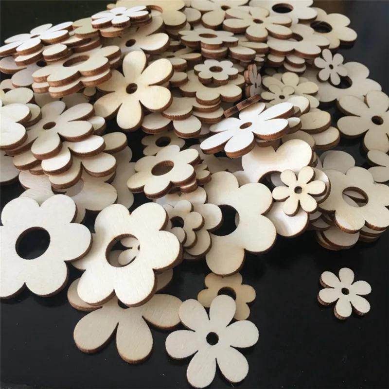 ABBY-100Pcs Wooden Flowers Ornaments With Hole Handmade Wooden Crafts Accessories Parts For Scrapbook DIY Home Decoration