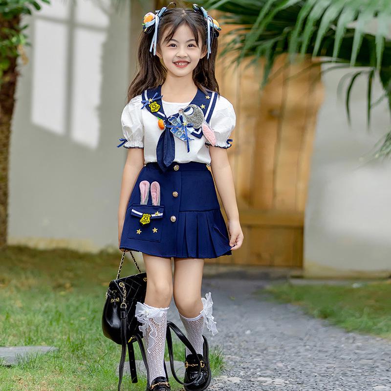 Girls' Summer Rabbit Police Costume Set - Stylish Two-Piece Performance Outfit