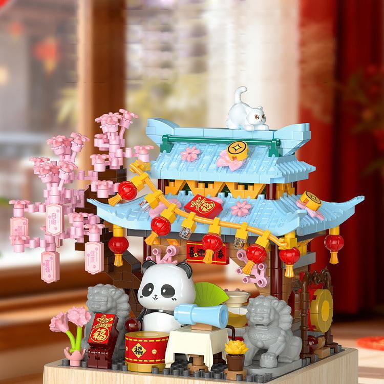 Lovely Cartoon Animal Micro Diamond Building Block China Panda Nanobricks Chinese Culture Street View Brick Toy With Wooden Base