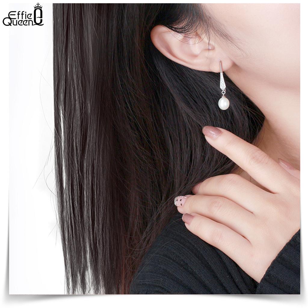 Effie Queen 925 Pure Silver Oval Freshwater Pearl Dangle Earrings WithZirconia Fine Jewelry for Women Banquet Party Gift GPE01