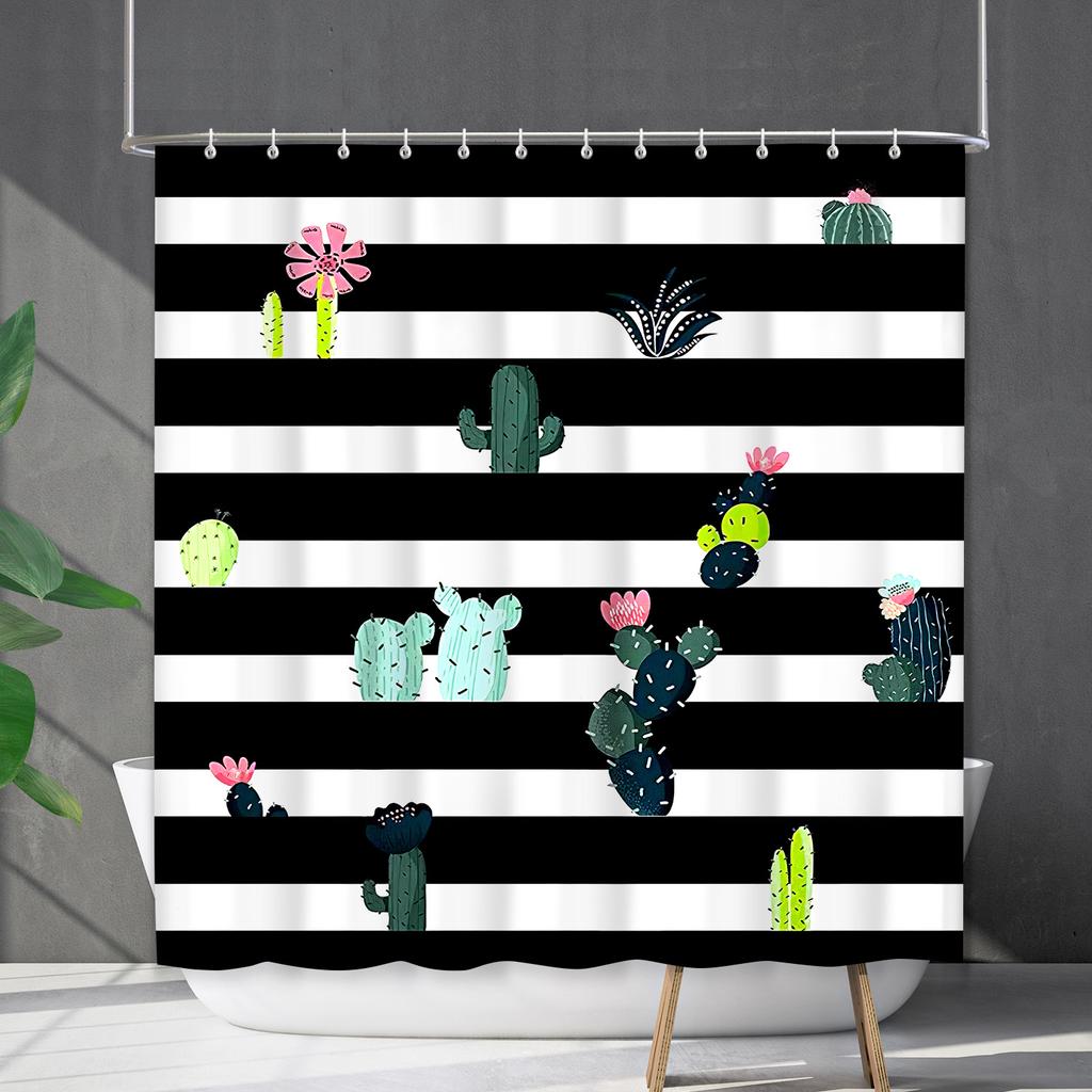Shower Curtain Waterproof and Mildew-proof Digital Printing Horizontal Strip Plant Flower Printing Shower Curtain Partition Curtain Free Punching
