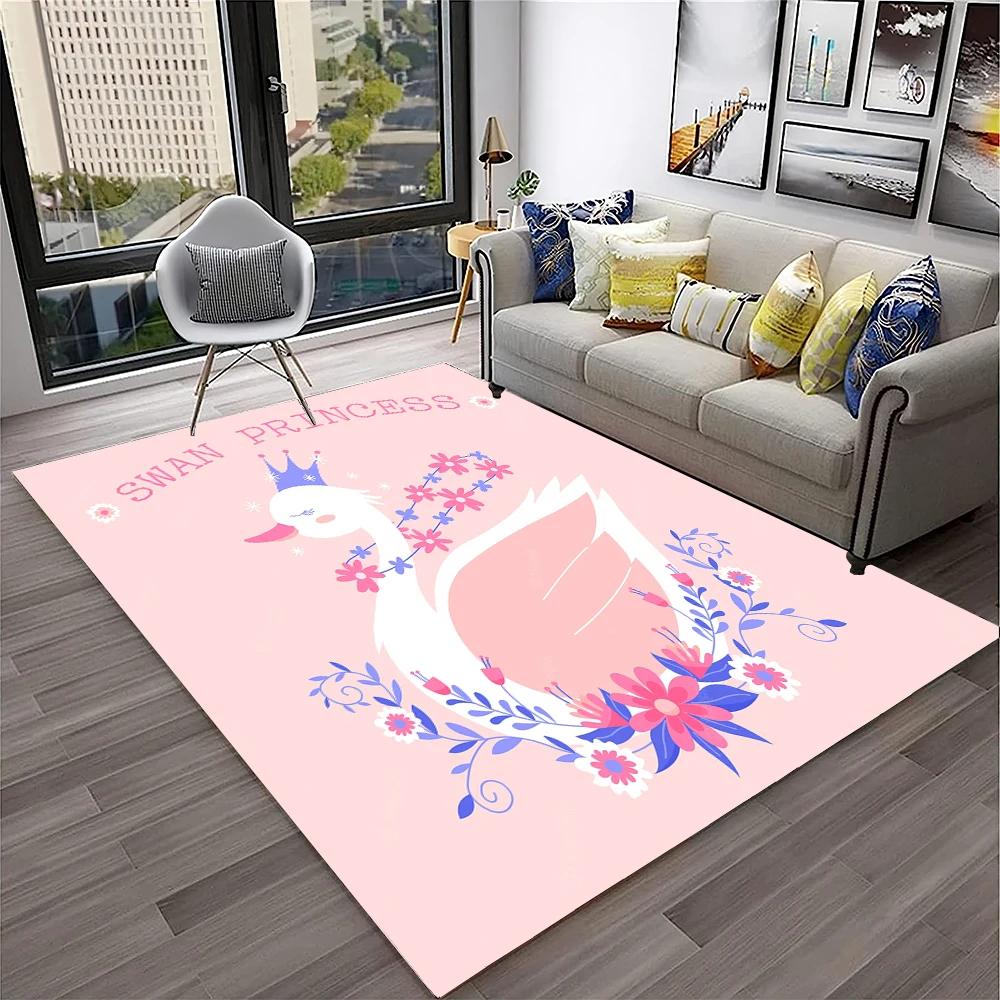 Cute Swan Princess Cartoon Cygnus Carpet Rug for Home Living Room Bedroom Sofa Doormat Decor, Kids Area Rug Non-slip Floor Mat