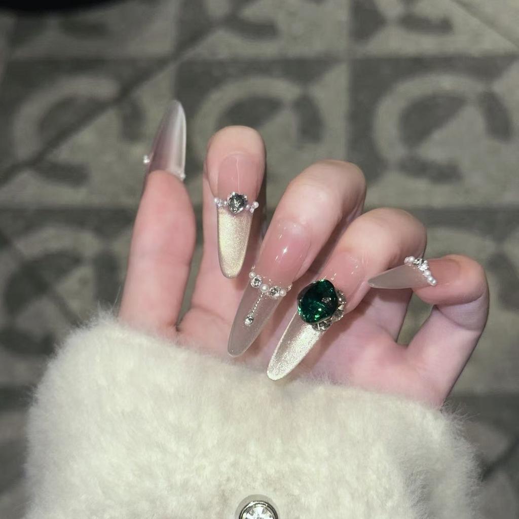 Advanced Sense of Cat Eye French Nail Art Piece Diamond Pearl K9 Drill Wear Armor Pure Handmade