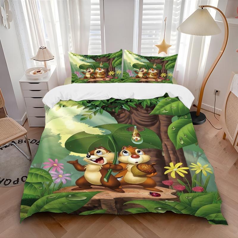 3pcs Cartoon Chip & Dale Print Bedding Set (1 Cover + 2 Pillowcases, Without Inserts), This Printed Bedding Set is Soft and Comfortable, Suitable