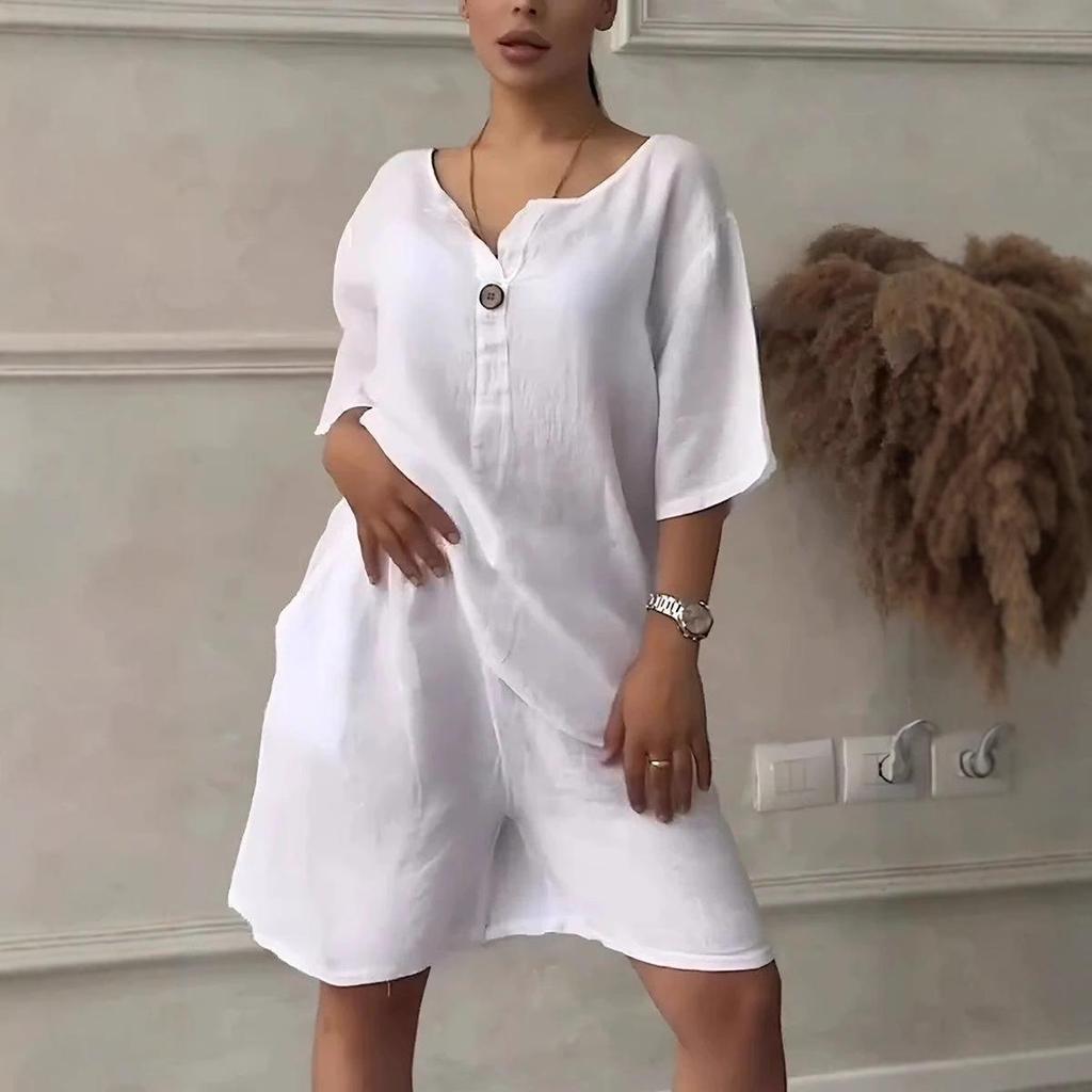 2025 Stylish Women's Solid Color Two-Piece Set: Loose Top & High Waist Shorts