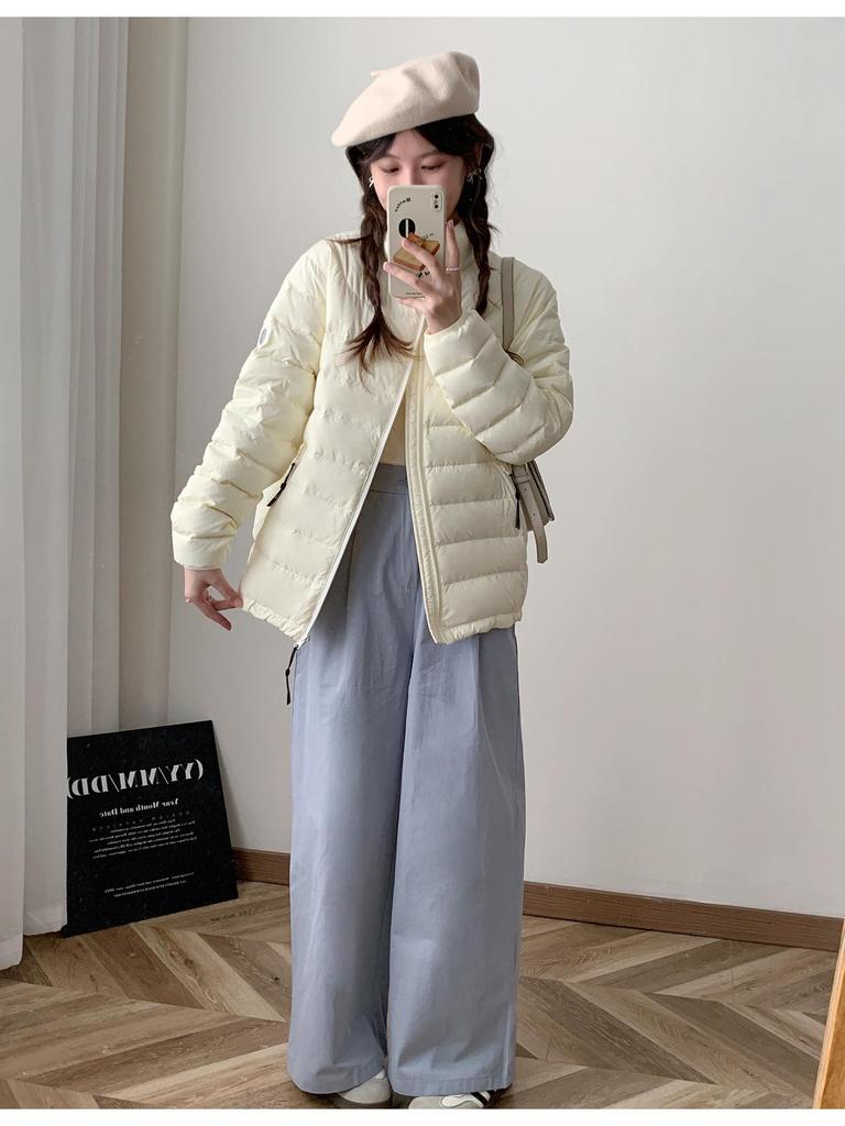 Sweet Style Lightweight White Duck Down Jacket for Women - Winter 2026, Short, Ribbed Sport Inner Lining, Stand Collar.
