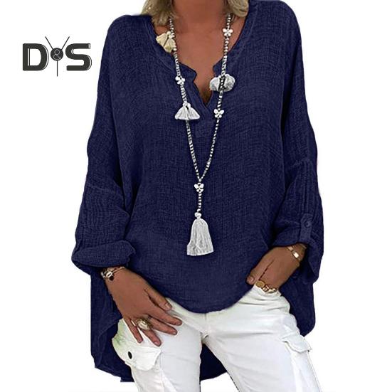 

Женская рубашка с V-образным вырезом, длинным рукавом, средней длины, повседневные топы, однотонная свободная футболка из хлопка и льна, повседневная одежда 2XL темно-синий