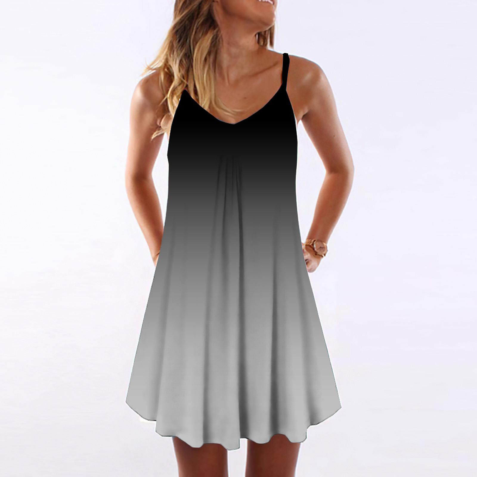 

Womens Gradient Tie-Dye Print Sleeveless Dress V Neck A-Line Maxi Sundress M чёрный