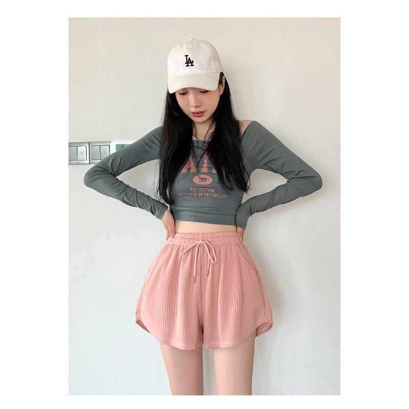 Letnie Cienkie Szorty Fitness do Biegania Damskie Luźne Casualowe Duży Rozmiar Szerokie Nogawki Spodnie z Wysokim Stanem w Linię A Sportowe Szorty Hot Pants