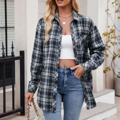 Chemisier à manches longues et revers pour femme, style patchwork, décontracté et ample, à carreaux, nouvelle collection automne-hiver 2024
