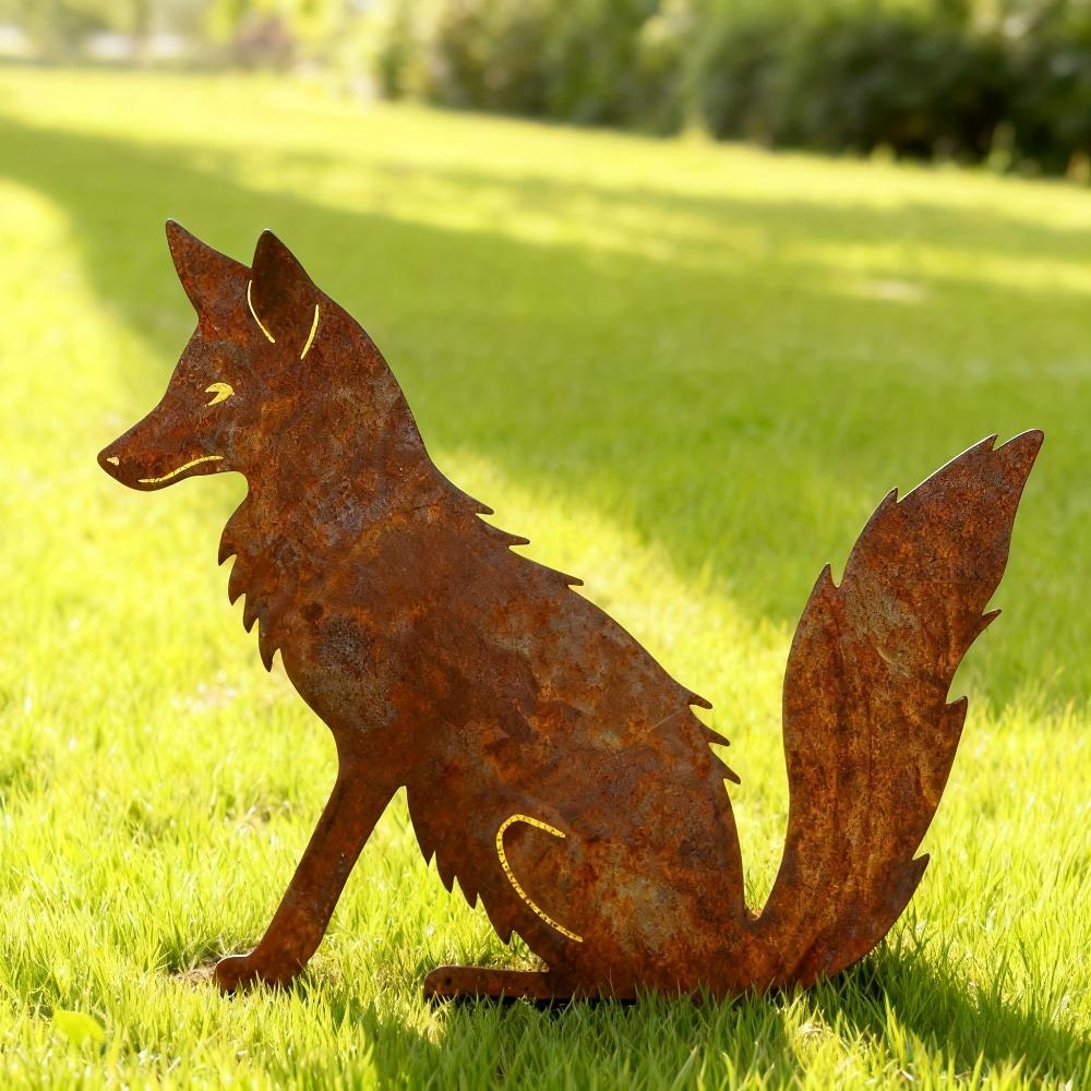 Rustic Metal Fox Stake Garden Sculpture Outdoor Yard Art Lawn Decoration Unique Gift