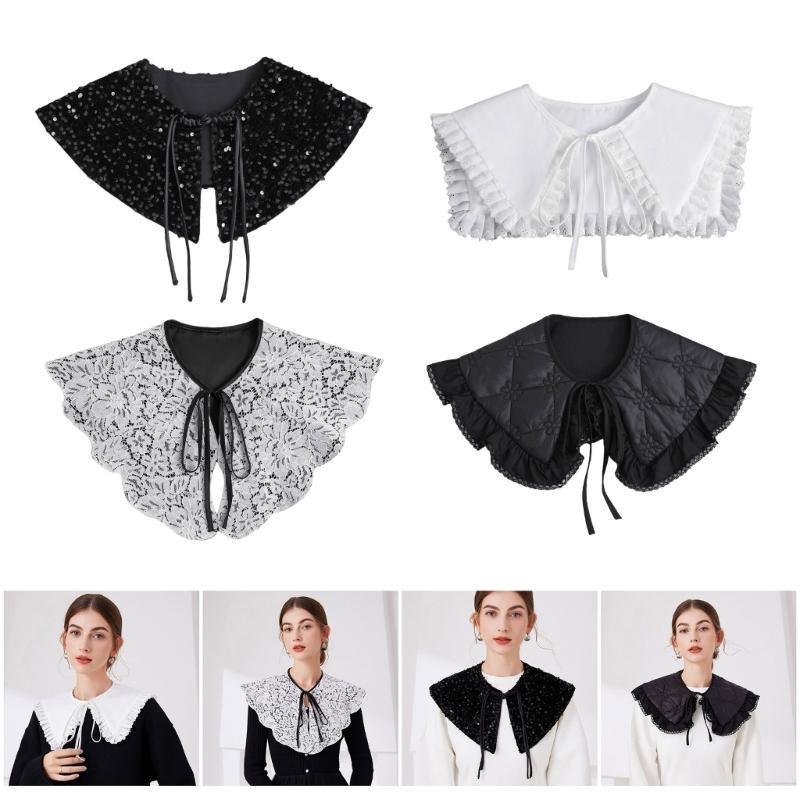 Sequins Quilted Cape False Collar Chinese Ruffled Lace Shawl Wrap Scarf Decorative Accessory for Women Girls Clothing