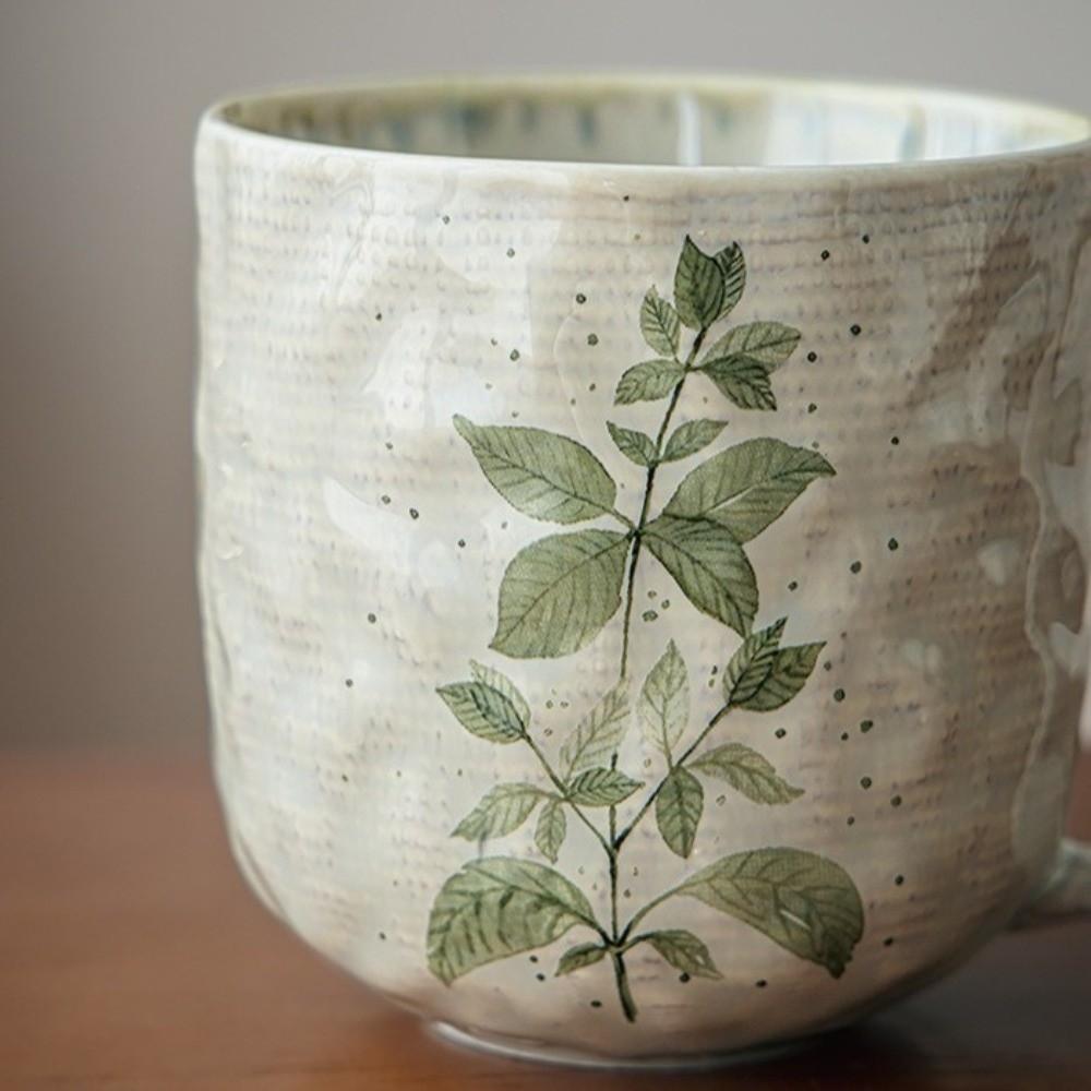 Comfortable Grip Leaf Print Water Cup Retro Breakfast Container Creative Coffee Mug  Cafe