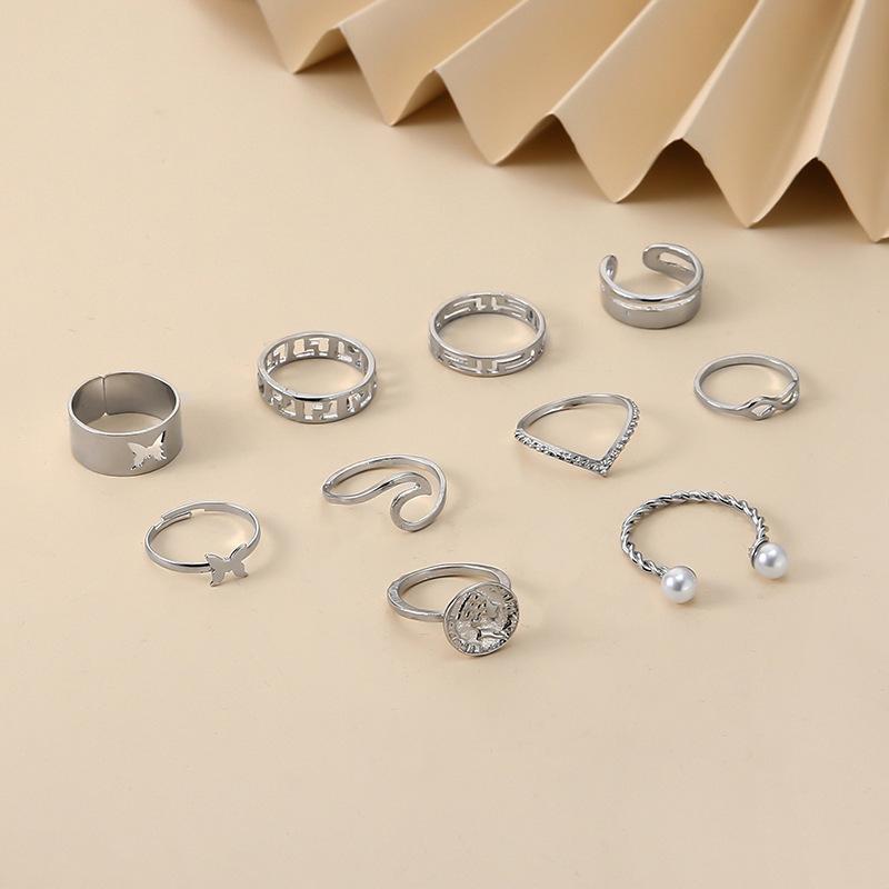 Ring, Wind Hollow Butterfly Fashion Pearl 10-Piece Set Ring Ring Ring