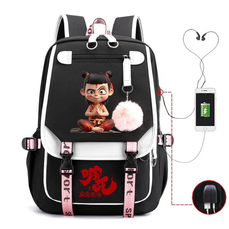 Cartoon Movie Nezha Printing Leisure Burden Reduction Travel Bag Backpack Multi-Function Large Capacity Usb Student Schoolbag