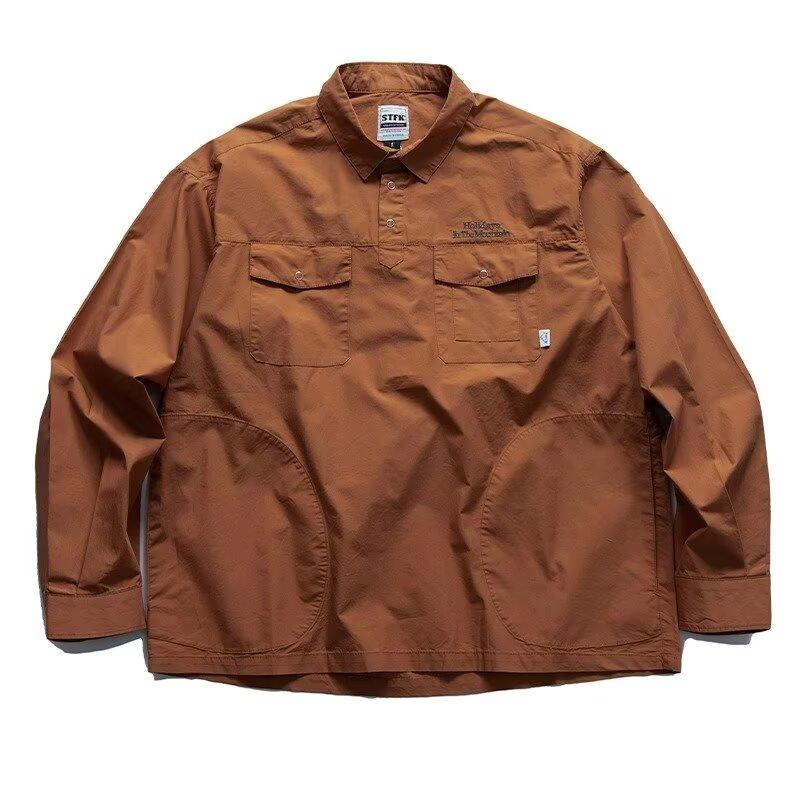Japanese Retro Simple Letter Embroidered Shirt Men's Long Sleeve Lapel Multi-Pocket Casual Shirt Spring and Autumn Coat