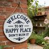 Welcome Sign for Front Door Round Metal Welcome to My Happy Place Hanging Plaque for Home Office Bedroom Kitchen Dining Bar Decor