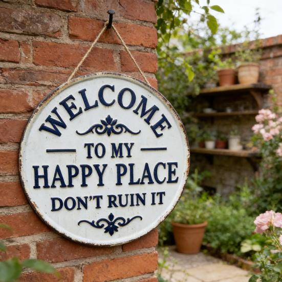 Welcome Sign for Front Door Round Metal Welcome to My Happy Place Hanging Plaque for Home Office Bedroom Kitchen Dining Bar Decor