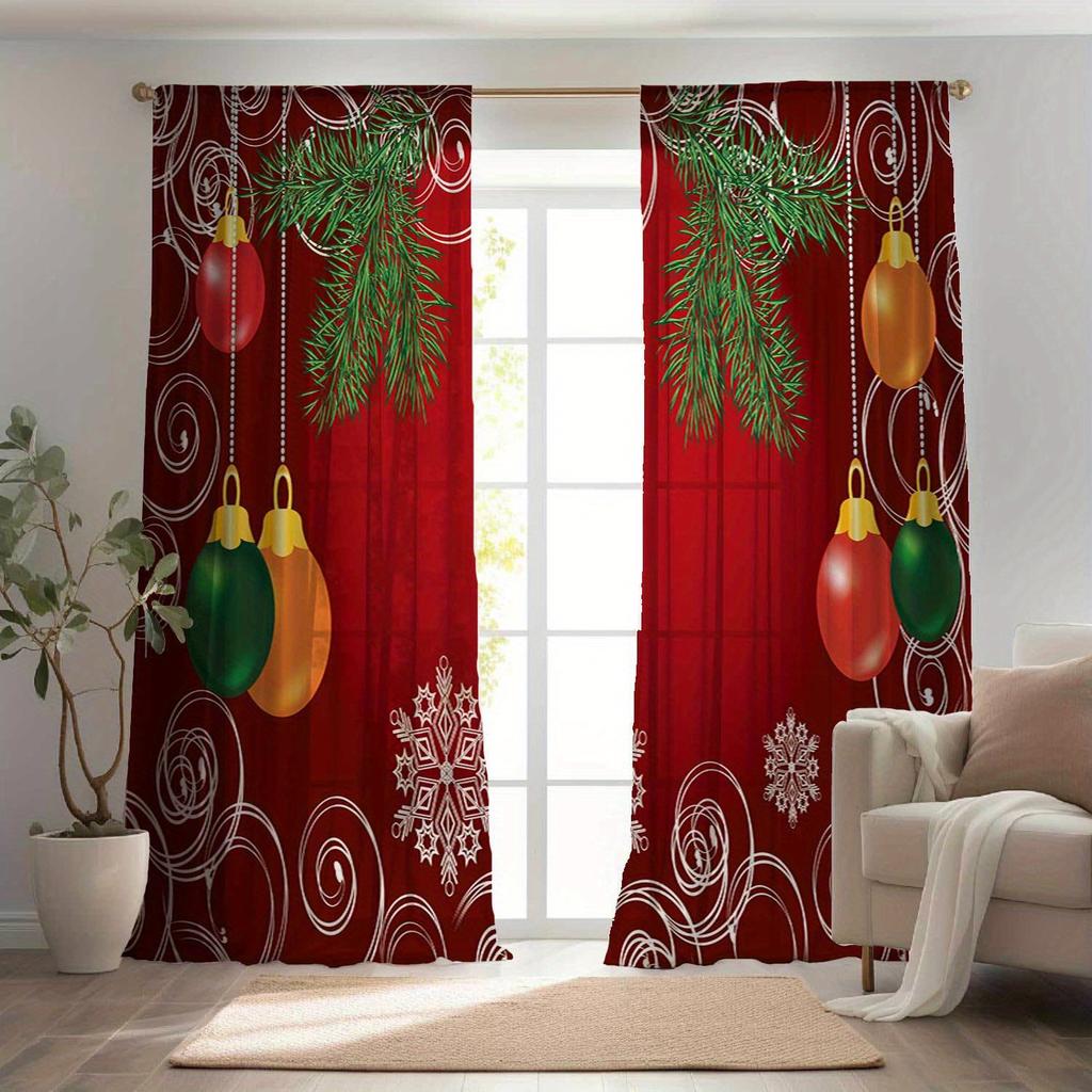 Glam Christmas Curtains Semi-Sheer Polyester Rod Pocket Drapes with Festive Holiday Print for Living Room Bedroom Window Decor