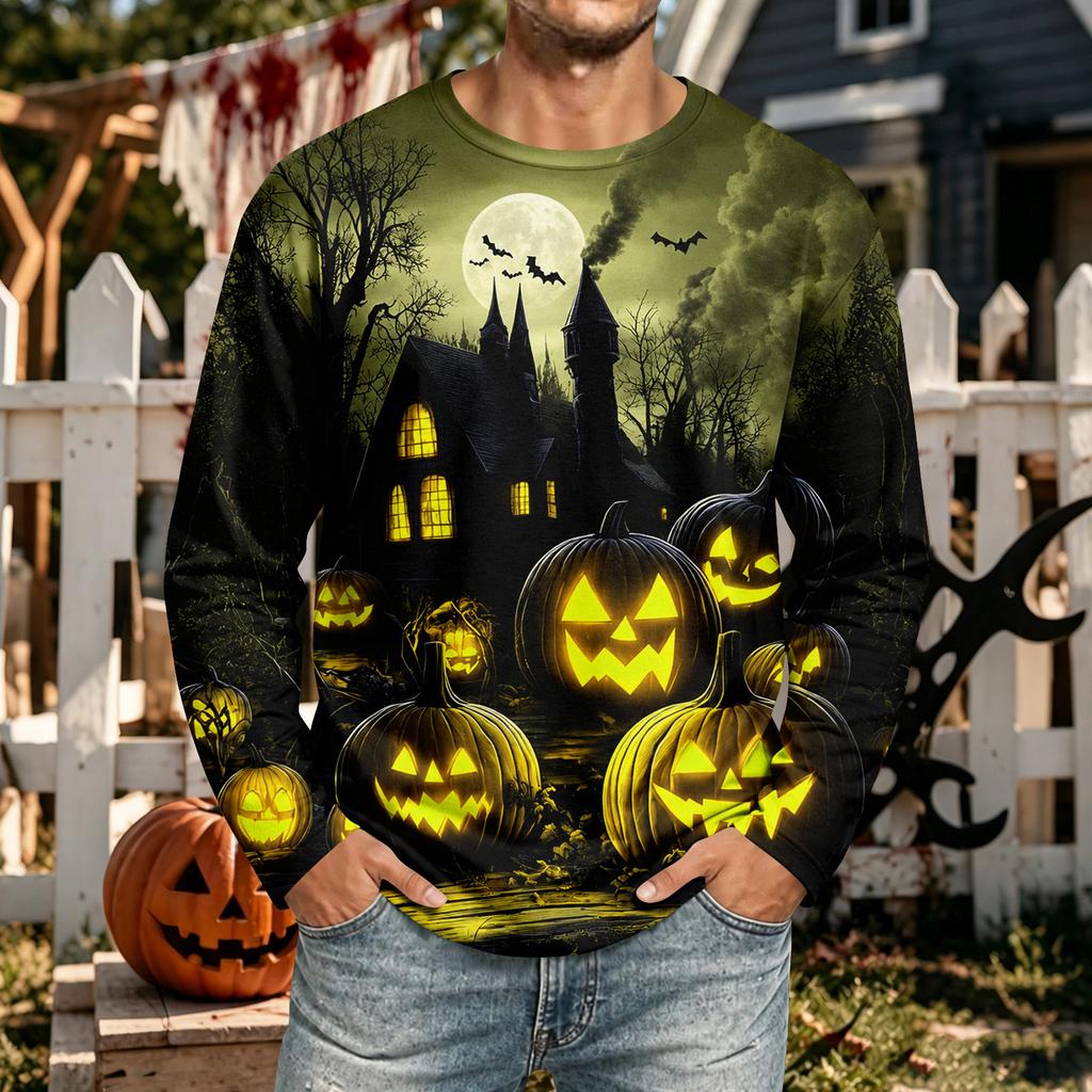 Men's Halloween Long Sleeve Neck T-Shirt for Casual Comfort