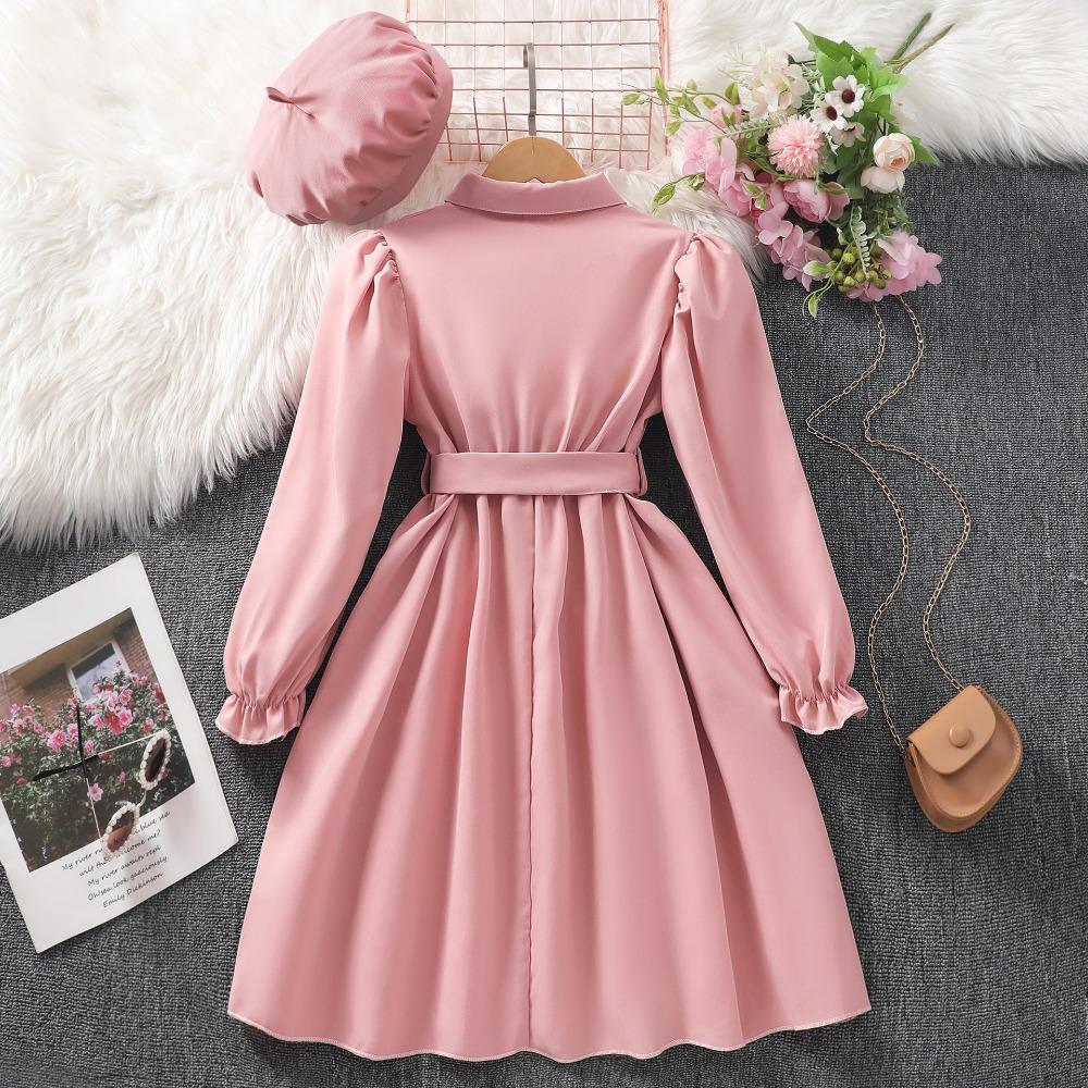 Girls' Long-Sleeved Long Dress 8-12 Years Autumn/Winter Long Dress with Collar Solid Colour Includes Belt and Hat