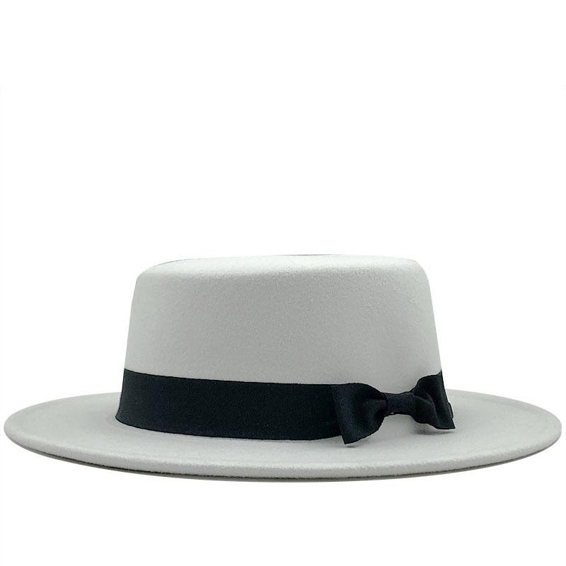 White new wool top hat bow flat top gentleman's hat versatile jazz hat casual woolen hat felt hat